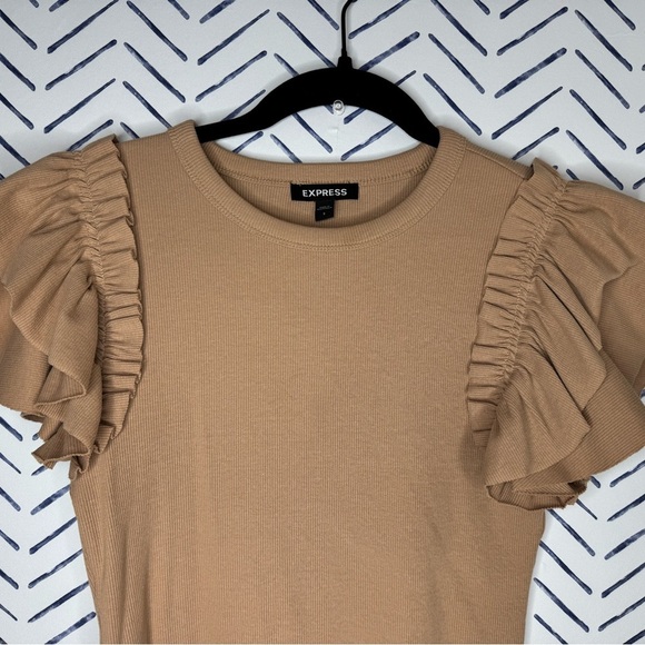 Express Ruffle Short Sleeve Fine Rib Tee Blouse Tan Camel - Small - Picture 4 of 6